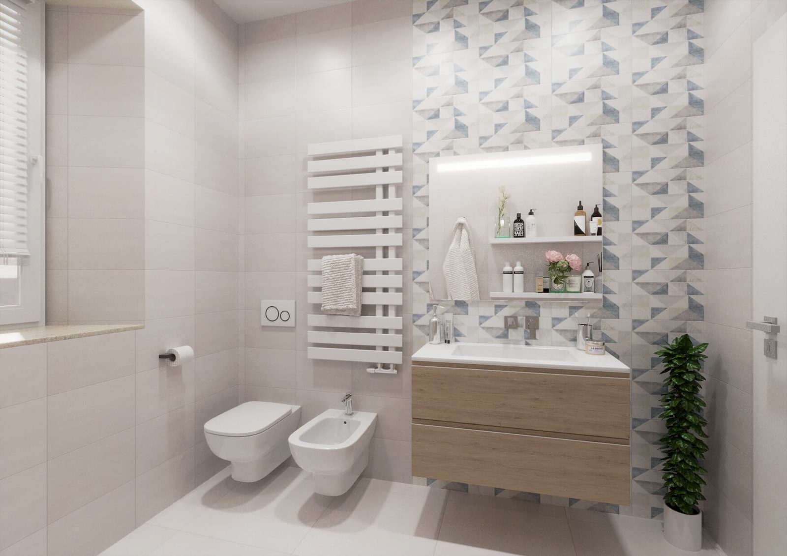 Lichte badkamer met hangtoilet en bidet, witte handdoekradiator, houten badmeubel en tegels met blauwgrijs motief